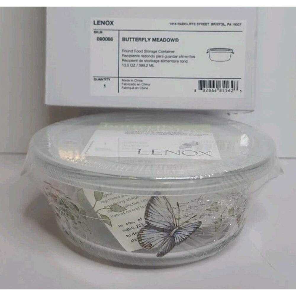 Lenox Butterfly Meadow Round Food Storage Container 13.5 oz Glass W/ Lid Sealed